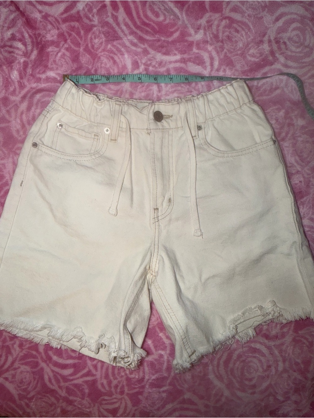 BDG Cream Frayed-Hem Drawstring Jean Shorts